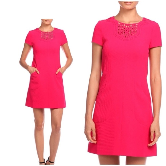 KAREN MILLEN TEXTURED DRESS SS CROCHET DETAIL BARBIECORE SECRETARY CORE CHIC 6 - Picture 1 of 11